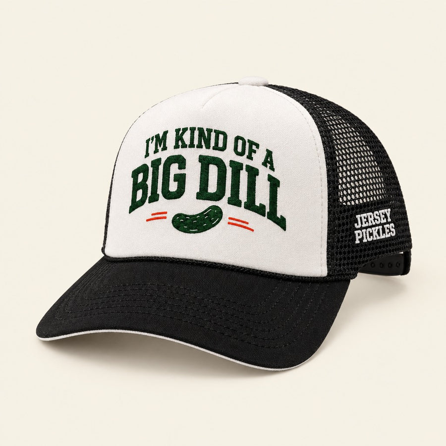 I'm Kind of a Big Dill trucker hat, three-quarter angle