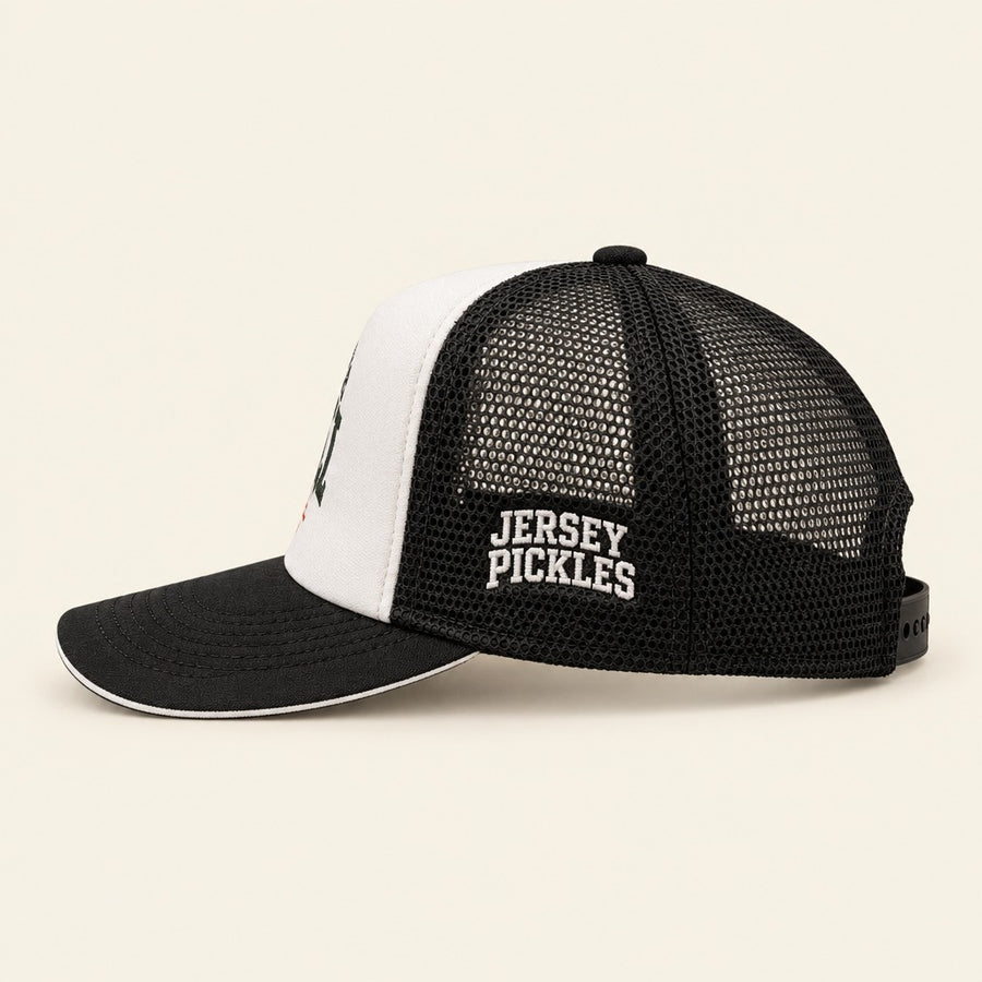 Jersey Pickles embroidery on the mesh side panel of the Big Dill trucker hat