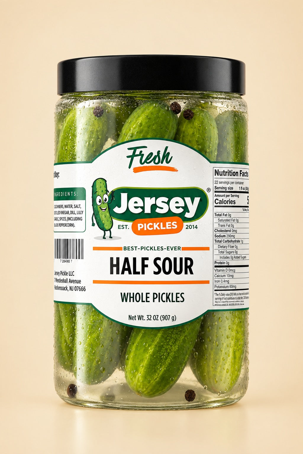 A 32 oz jar of Jersey Pickles Half Sour whole pickles
