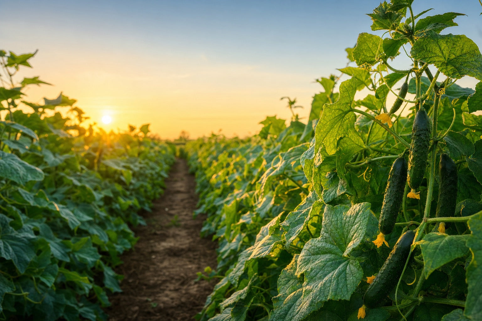 Cucumber rows on a New Jersey farm at golden hour
