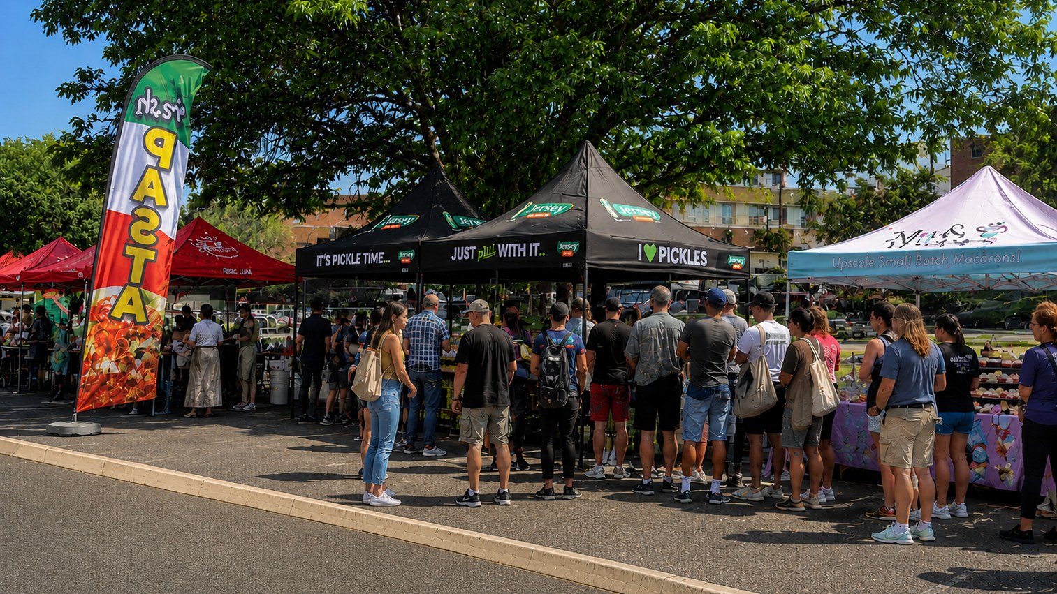 Crowd lined up at the Jersey Pickles tents at the Easton PA farmers market