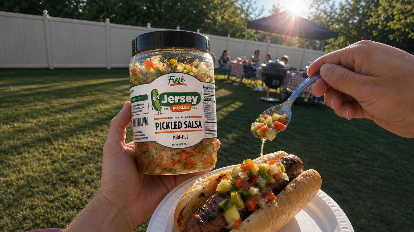 Hand holding a jar of Jersey Pickles Pickled Salsa at a backyard BBQ, spooning it onto a grilled sausage