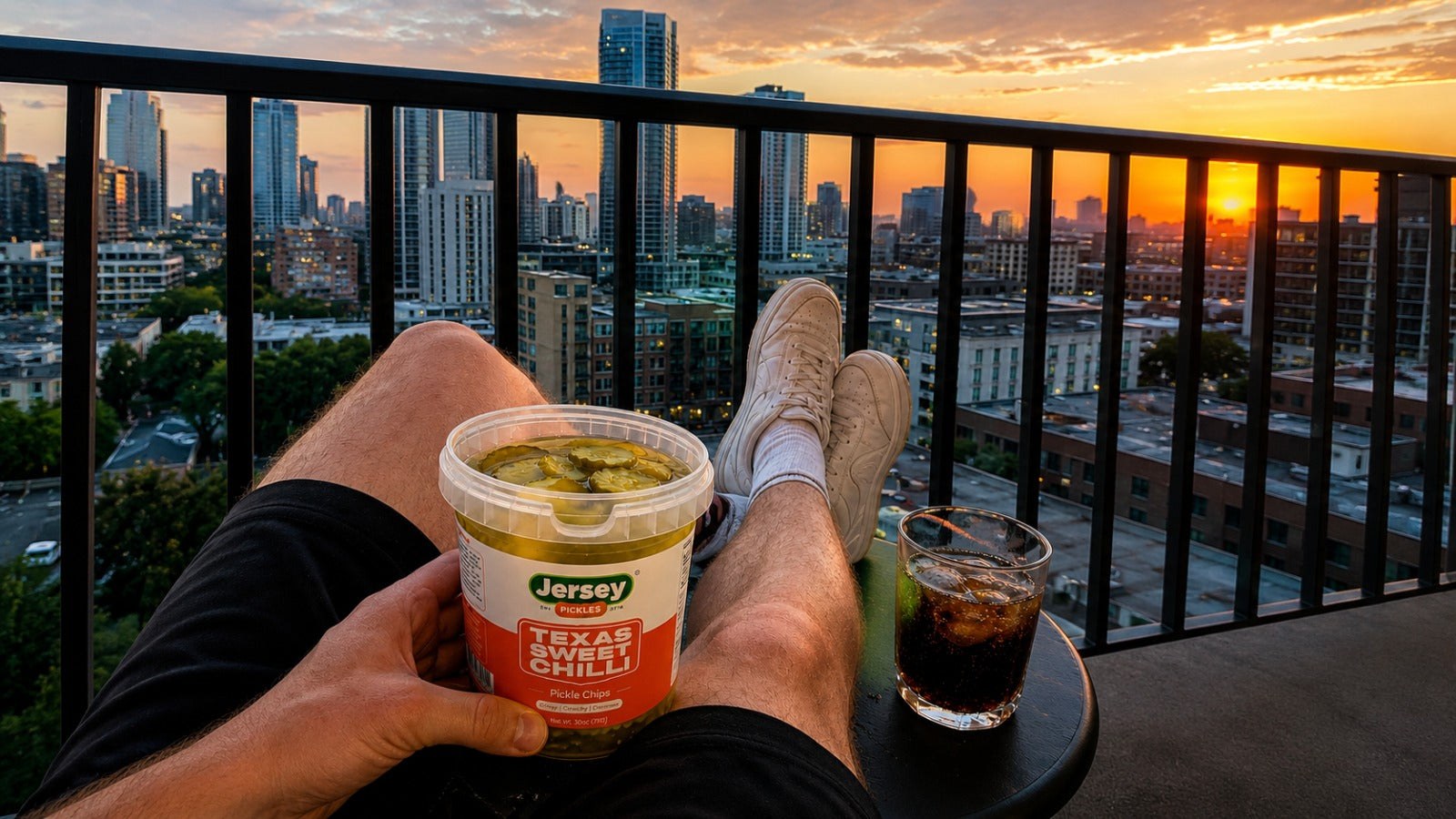 Relaxing on a rooftop at sunset with a tub of Jersey Pickles Texas Sweet Chilli pickle chips