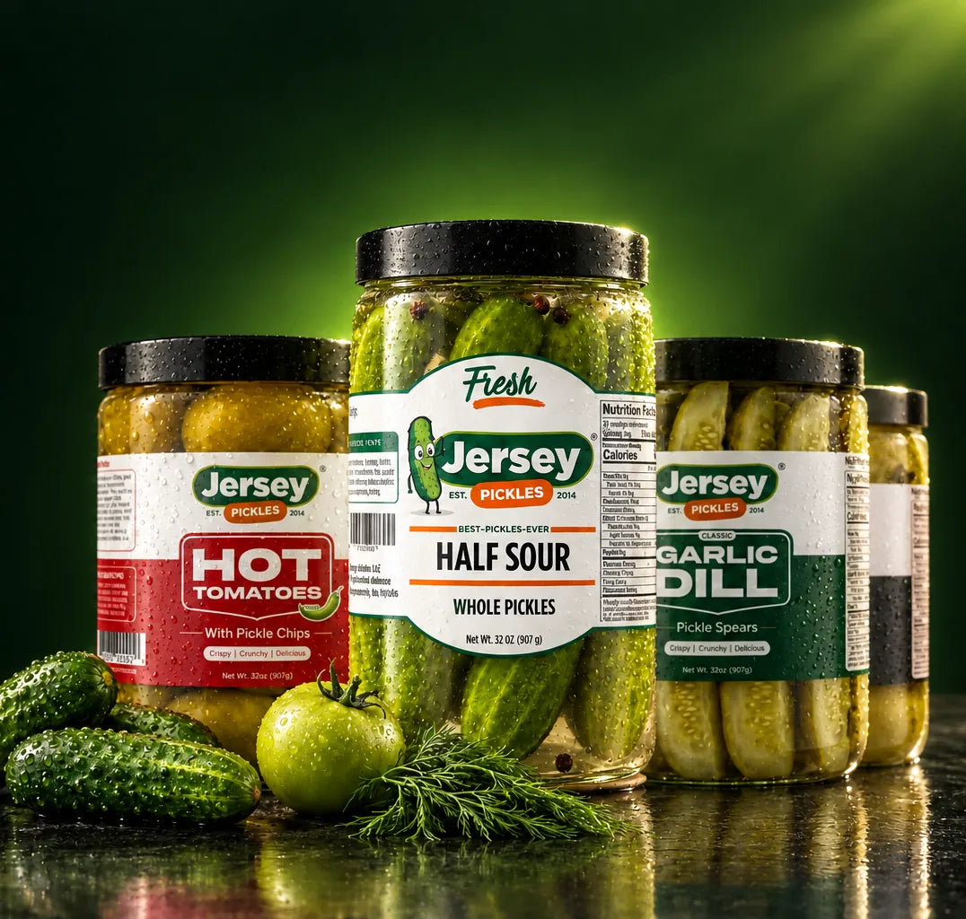 Jersey Pickles jars — Hot Tomatoes, Half Sour and Garlic Dill