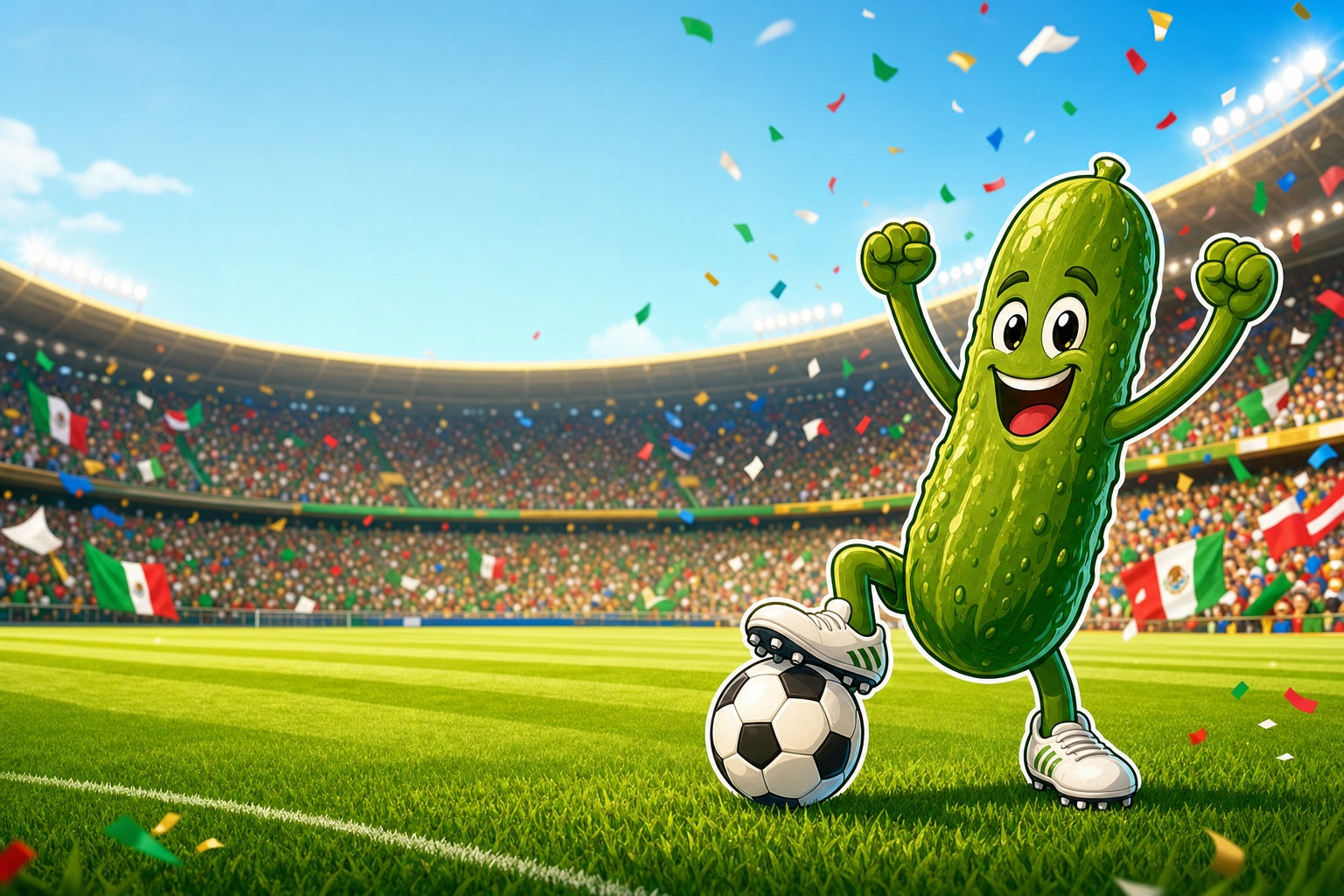 Jersey Pickles mascot celebrating a goal for World Cup 2026